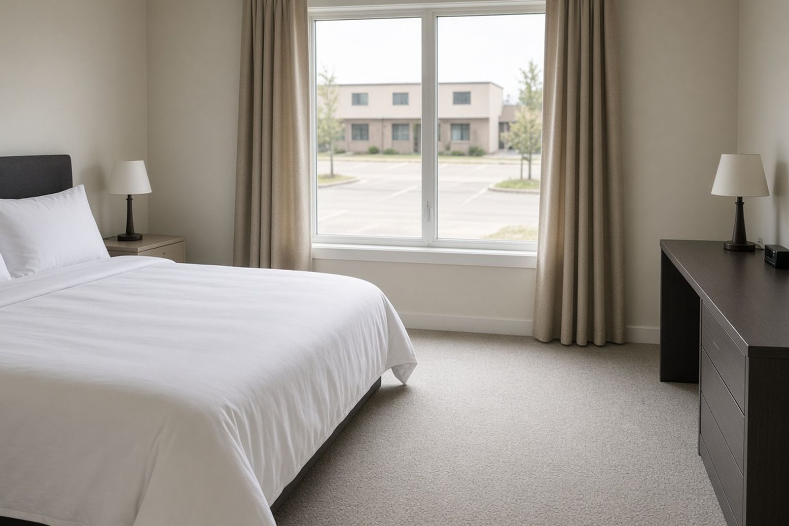 Motel room after cleanup with fresh white bedding, new carpet and open curtains