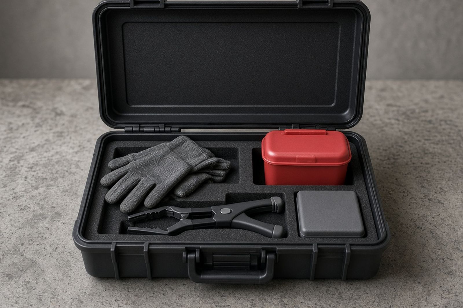 Open case holding puncture-resistant gloves, grabber tongs, a small sharps container and a kit